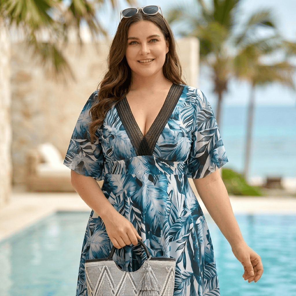 backless swim dress Plusock Tropical Leaf Dress, Blue / 3XL bust 45 in badge--BFCM2023 A Line V Neck Siz:8