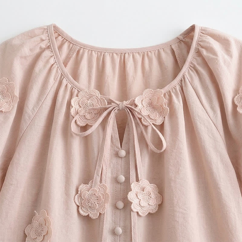 Plusock Floral Applique Puff Sleeve Tie Front Blouse - image 6