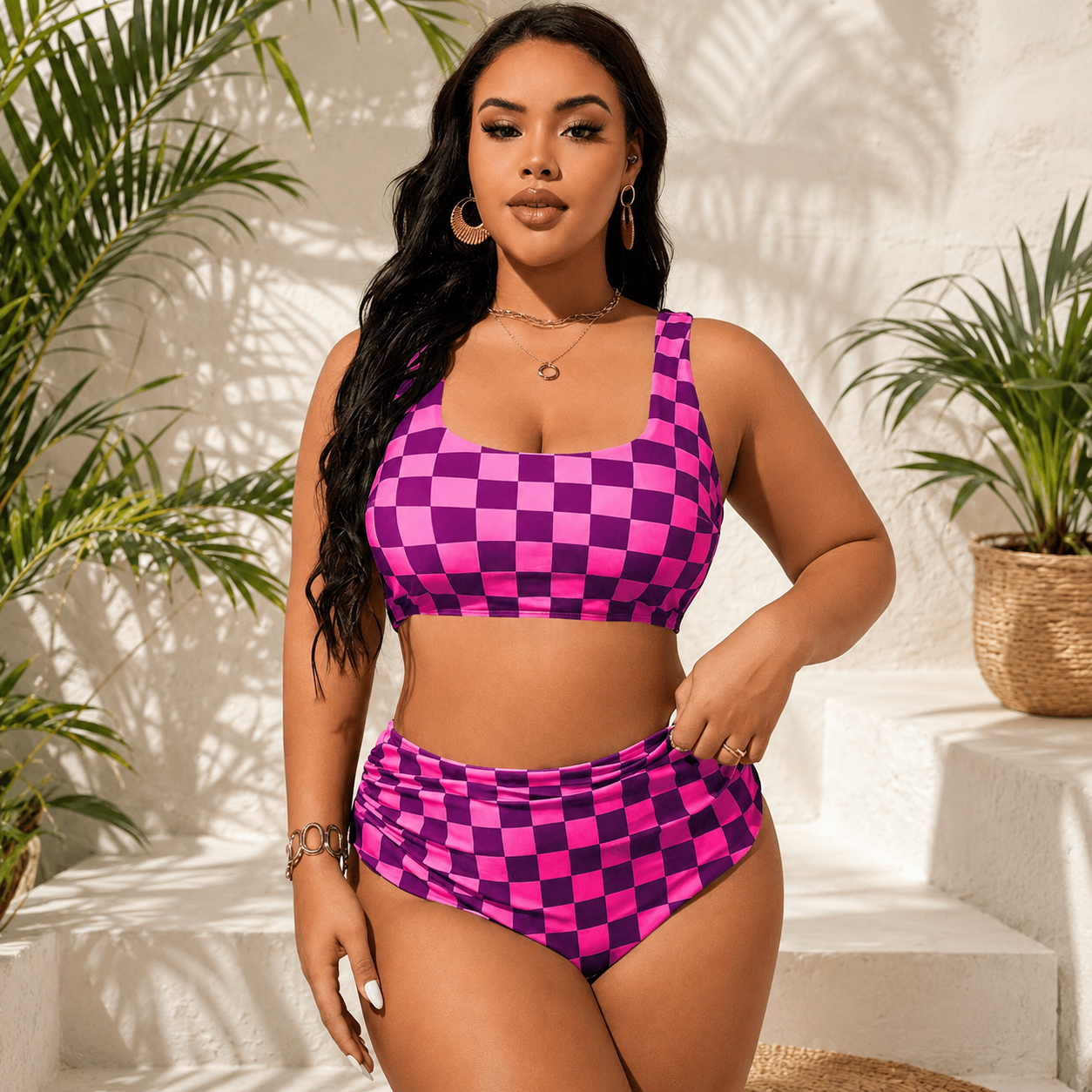 Plusock Checkerboard Two-Piece Bikini Set - Rose - 4XL - image 0