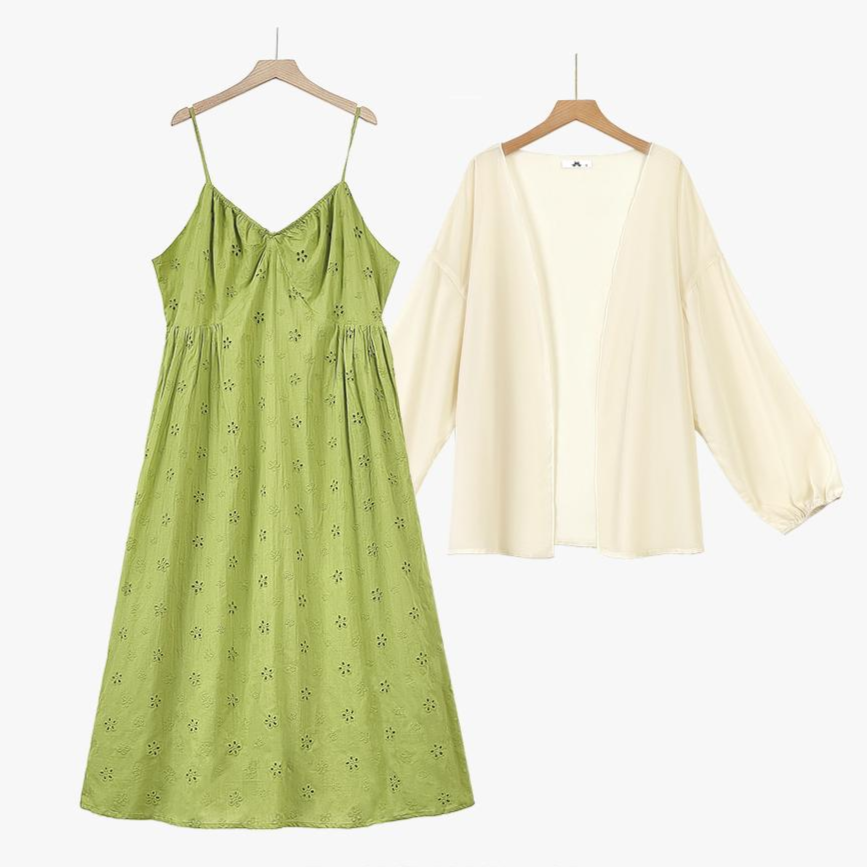 green dress with white cardigan Plusock Green Embroidery Slip Dress & White Puff Sleeve Cardigan Two P –  plusock