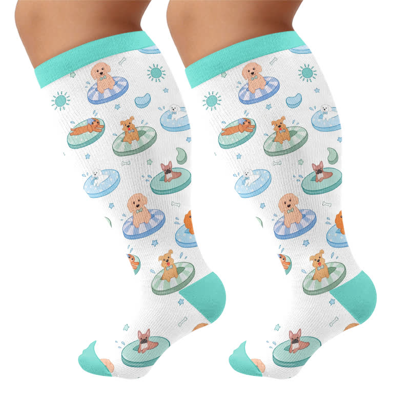 Plusock Plus Size Beach Capybara & Dog Print Compression Socks - Green(1 Pair) - 4XL - image 10