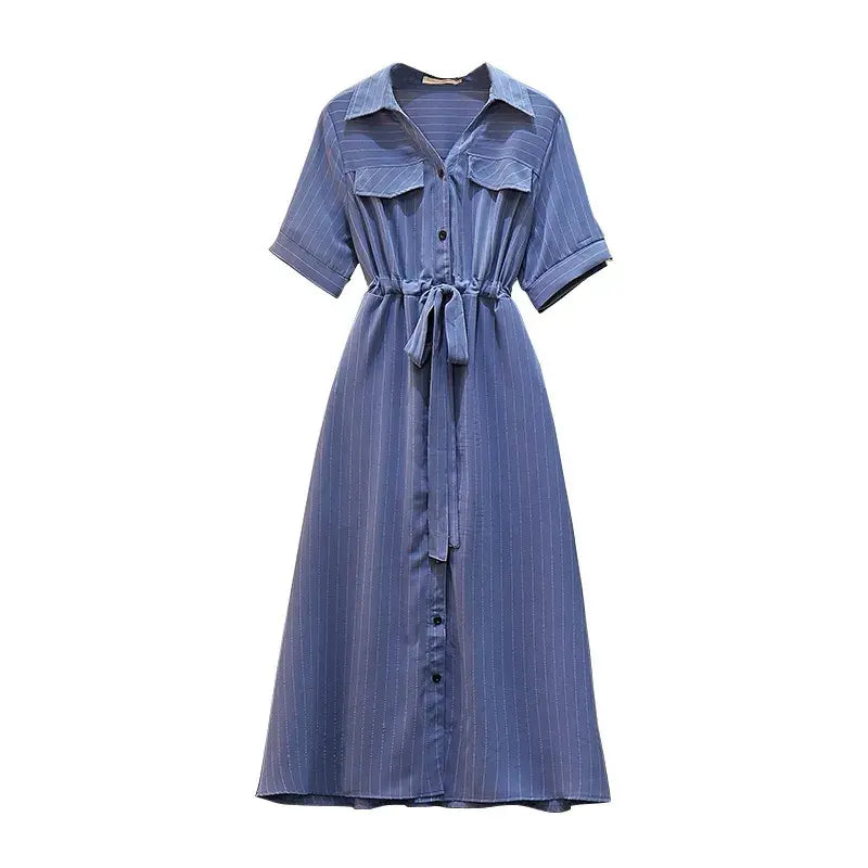 Plusock Plus-Size Striped Belted Skirt Midi Dress - Blue - 6XL - image 8