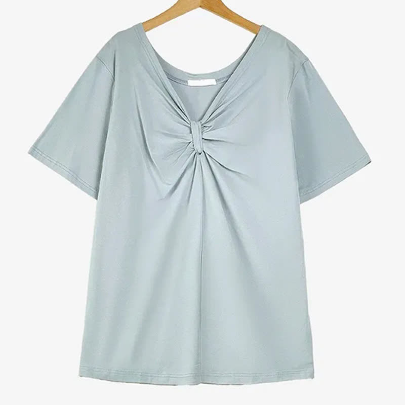 Plusock Plus Size Twist Front V Neck Cotton Stretch Blouse - Blue - 6XL - image 6