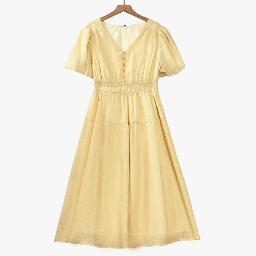 Plusock Plus Size V Neck Puff Short Sleeve Empire Waist Midi Dress – plusock