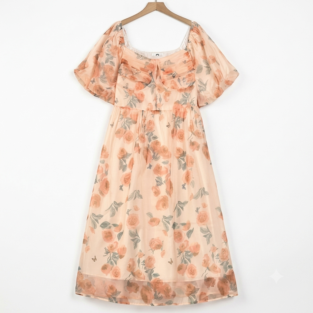 empire waist summer dresses Flowy Cotton-Silk A-Line Maxi Dress Chantilly White / S with surplice neckline and petal sleeve Women's Empire Waist Dresses |