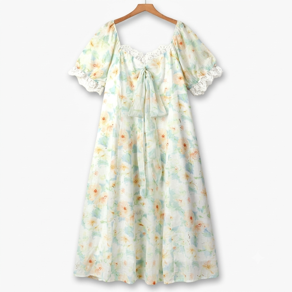 Plusock Plus Size Square Neck Lace Trim Floral Print Puff Sleeve Summe – plusock