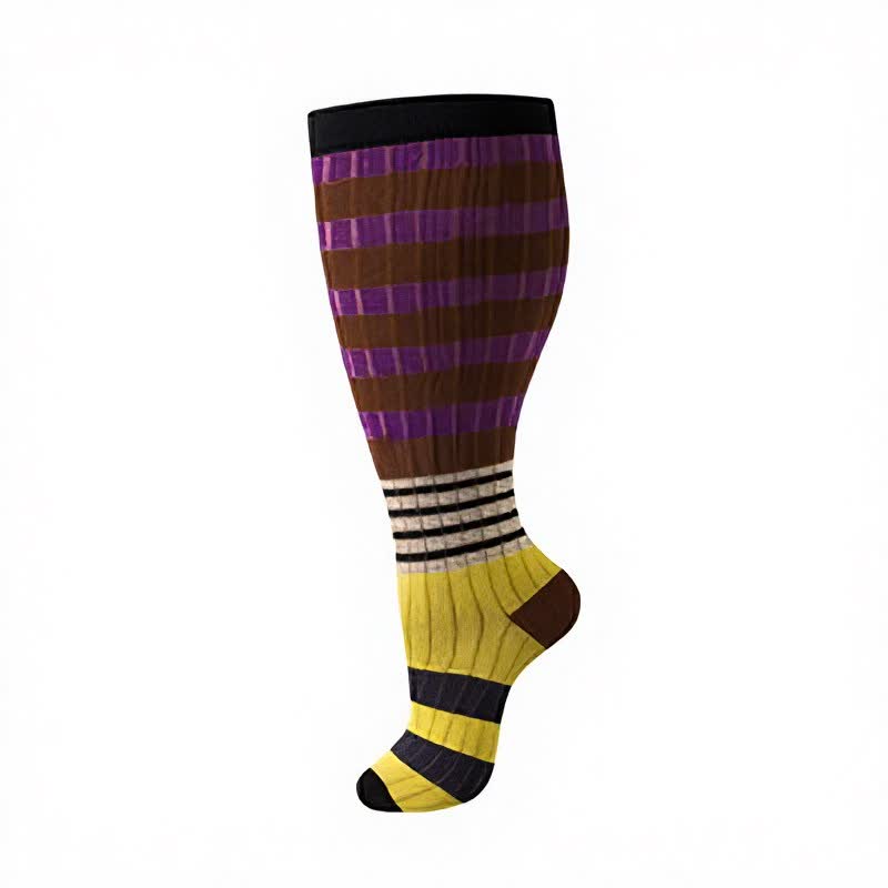 Plusock Plus Size Colorblock Stripe Compression Socks(4 Pairs) - Brown - 4XL - image 9