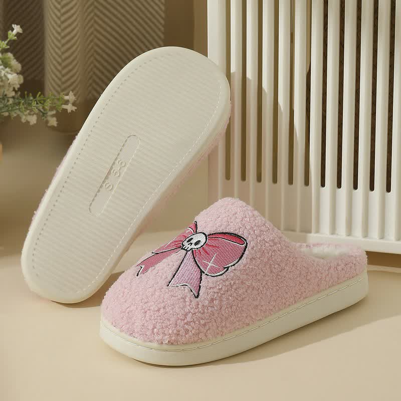 Plusock Halloween Pink Skull Bow Plush House Slippers - image 2