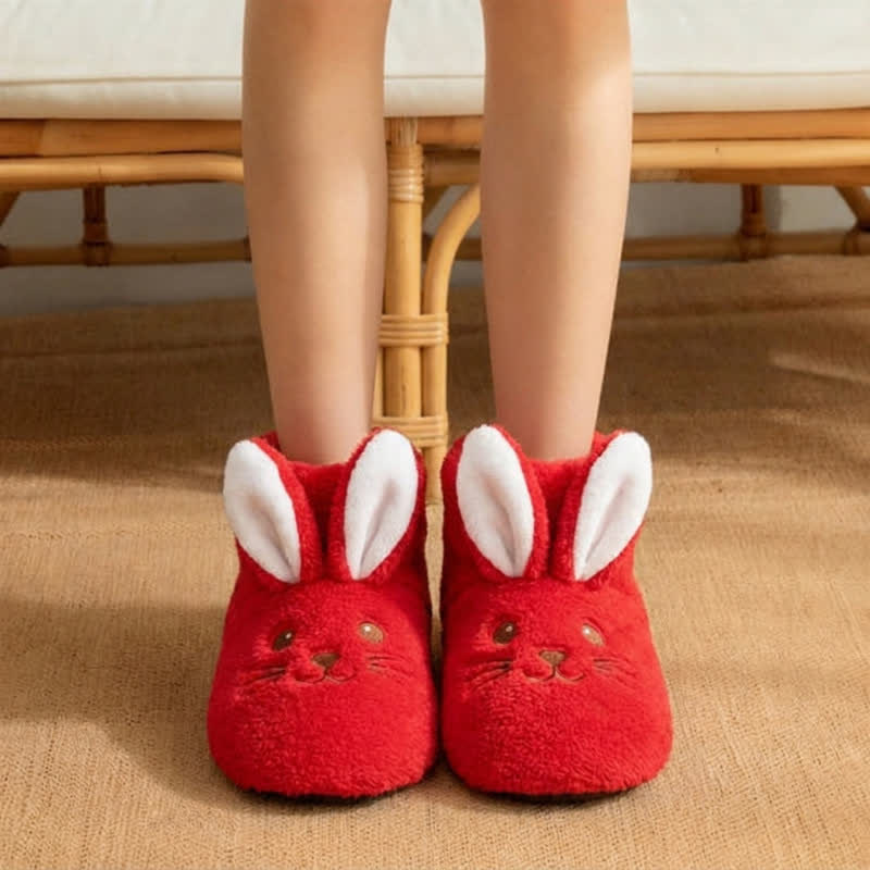 Plusock Pink Bunny Ears Plush Fleece Slipper Socks - Red - Kids EU32–35(US1–3.5) - image 5