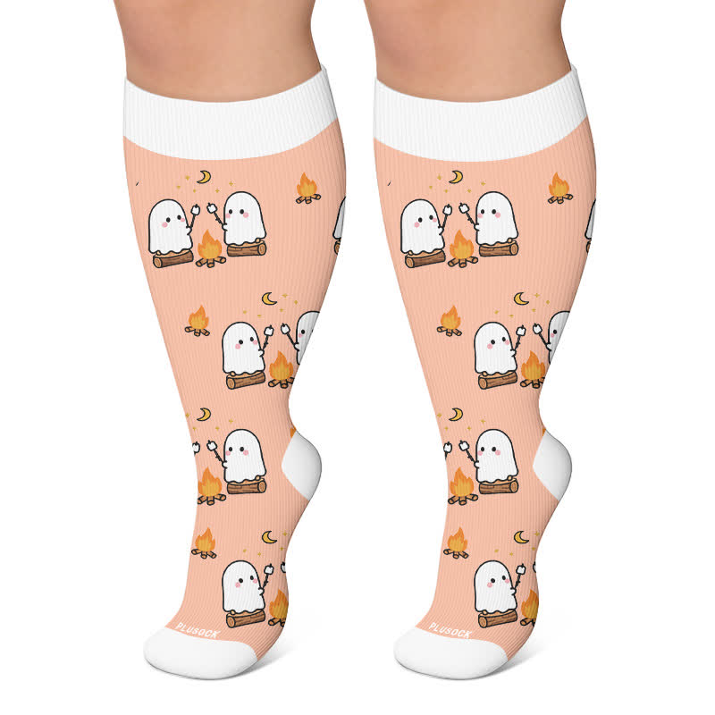 Plusock Plus Size Ghosts Pumpkins Campfire Compression Socks - Pink - 4XL - image 6