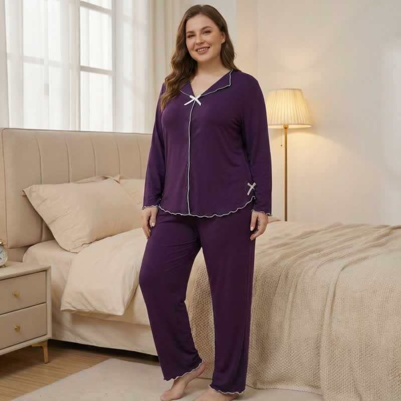 Plusock Bow Long Sleeve Pajama Set - Purple - 4XL - image 2