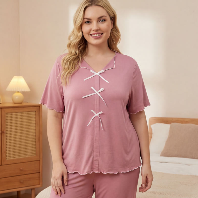 Plusock Classic Bow Trim Pajama Set - Pink - 5XL - image 7