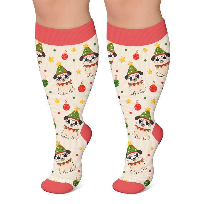 Plusock Plus Size Christmas Cat Dog Compression Socks - Red - 4XL - image 6
