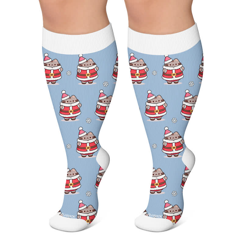 Plusock Plus Size Christmas Cute Cat Compression Socks - Blue - 4XL - image 5