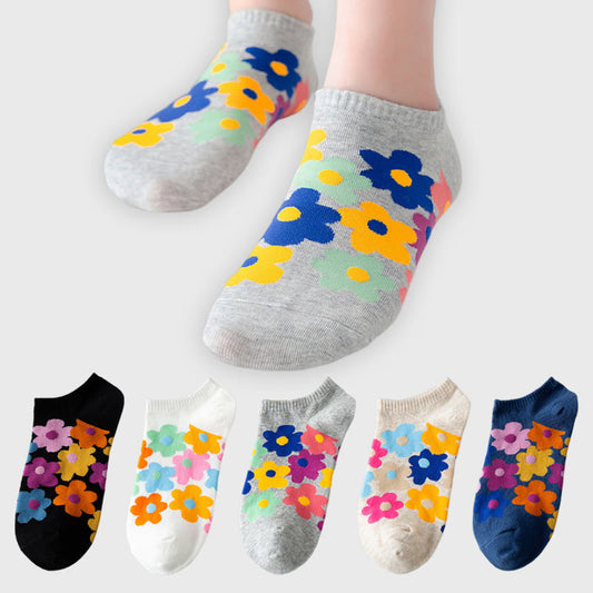 Plusock Plus Size Colored Flowers No Show Socks(5 Pairs)