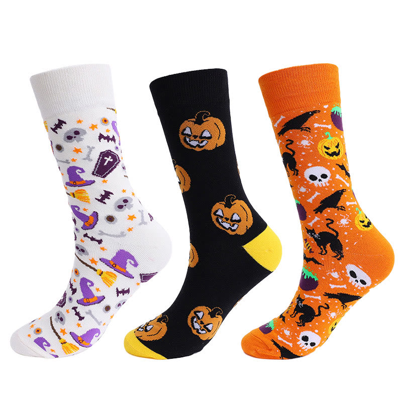 Plus Size Pumpkin Skull Halloween Crew Socks(3 Pairs)