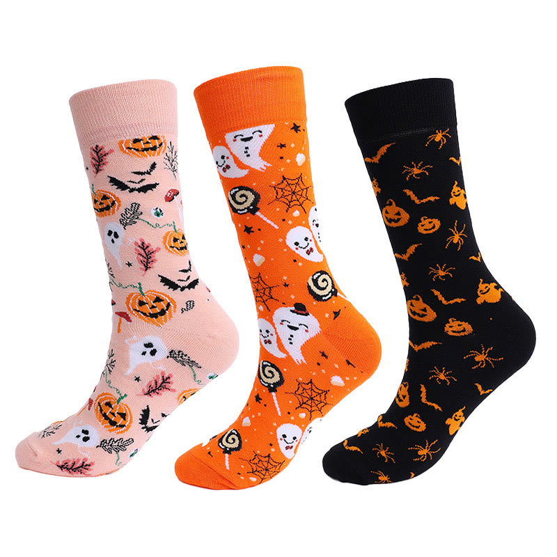 Plus Size Pumpkin Skull Halloween Crew Socks(3 Pairs)