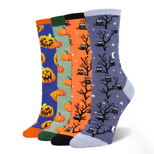 Plusock Plus Size Creative Halloween Pattern Crew Socks(4 Pairs)
