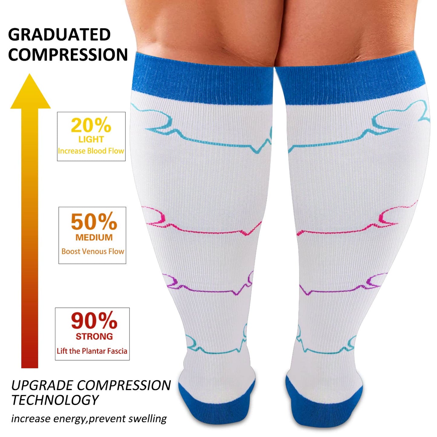 White Electrocardiogram Plus Size Compression Socks(3 Pairs)
