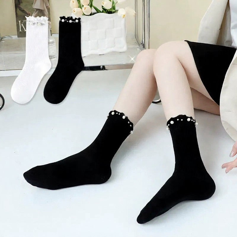 Plusock Pearl Trim Ruffle Ribbed Quarter Socks(4 Pairs) - image 11