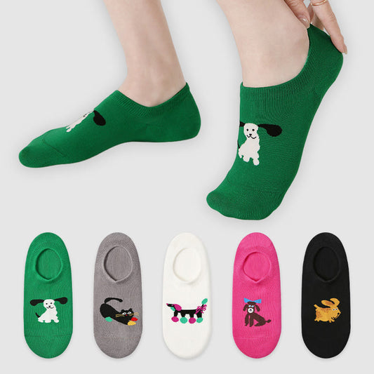 Plusock Plus Size Colorful Cat Dog No Show Socks(5 Pairs)