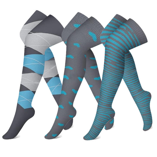 Plusock Gray Blue Colorblock Thigh High Compression Socks(3 Pairs)