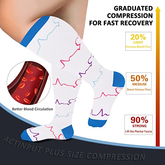 White Electrocardiogram Plus Size Compression Socks(3 Pairs)