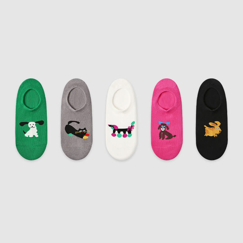 Plus Size Colorful Cat Dog No Show Socks(5 Pairs)