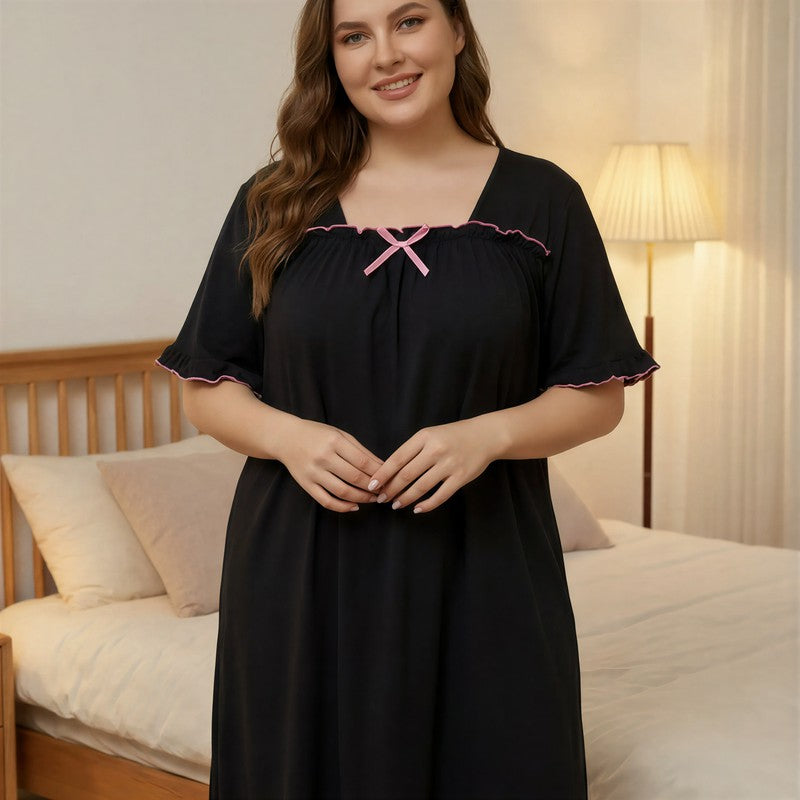 Plusock Bow Trim Nightgown - Black - 5XL - image 3