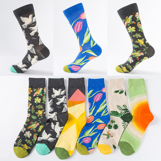 Plusock Plus Size Tulip Dove Pattern Crew Socks(6 Pairs)