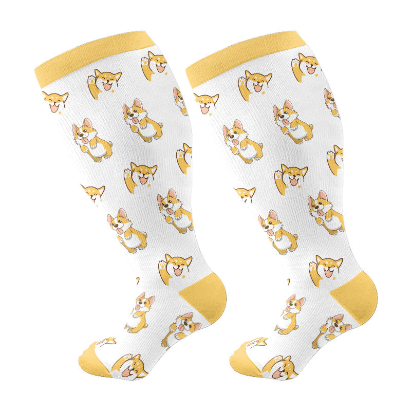 Plusock Plus Size Cute Corgi Compression Socks - Yellow - 4XL - image 6