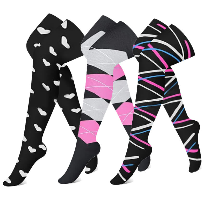 Plusock Black Pink Colorblock Thigh High Compression Socks(3 Pairs) - Multicolor - S/M - image 0