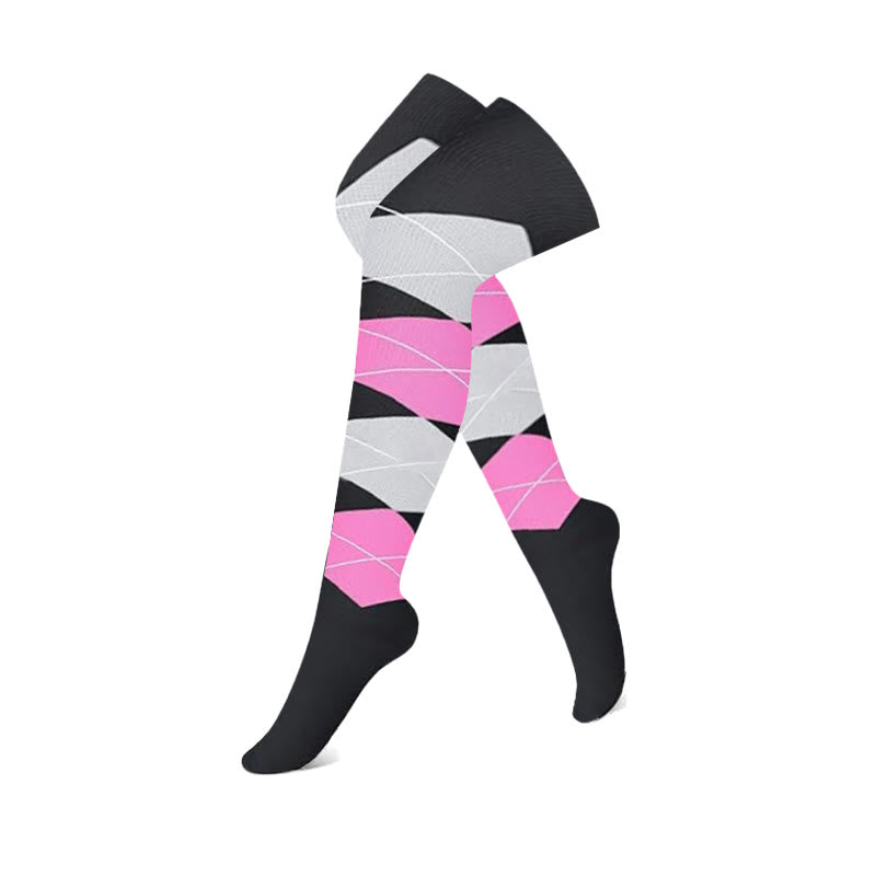 Plusock Black Pink Colorblock Thigh High Compression Socks(3 Pairs) - Rhombus - S/M - image 4