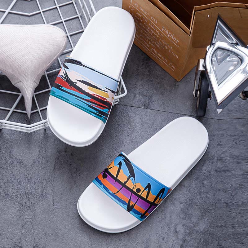 Plusock Plus Size Seaside Oil Painting Slides(2 Pairs) - White - 3XL - image 4