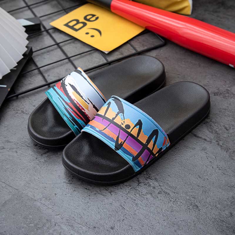 Plusock Plus Size Seaside Oil Painting Slides(2 Pairs) - Black - 3XL - image 7