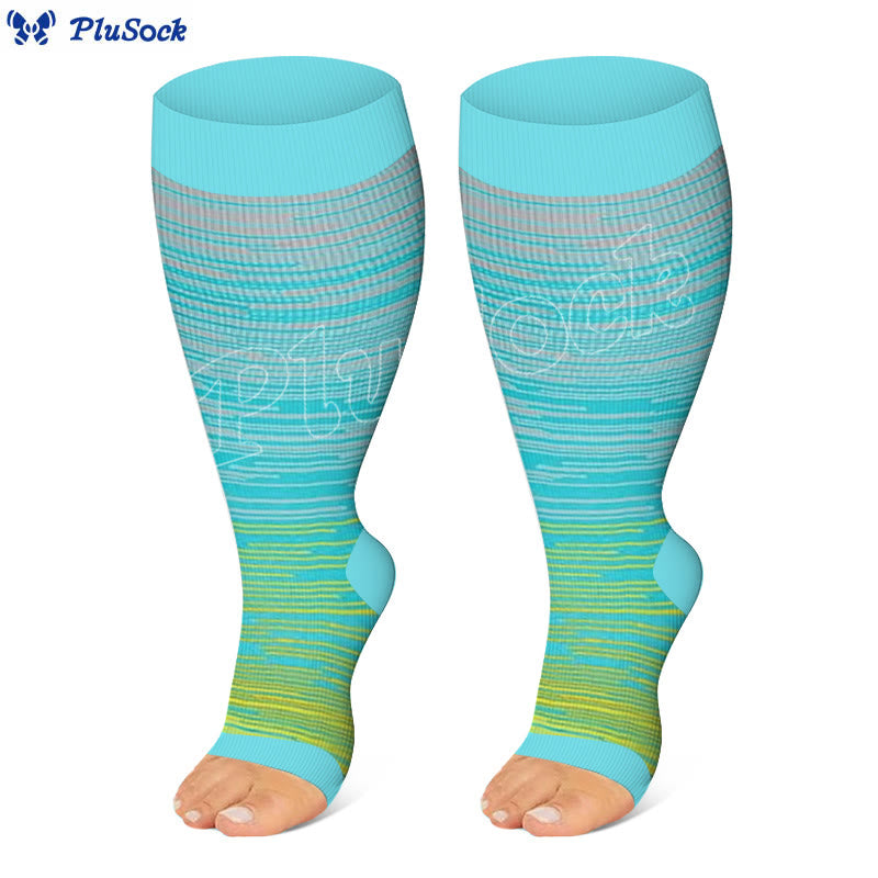 Plusock Plus Size Color Stripes Open Toe Compression Socks - Yellow - 4XL - image 2