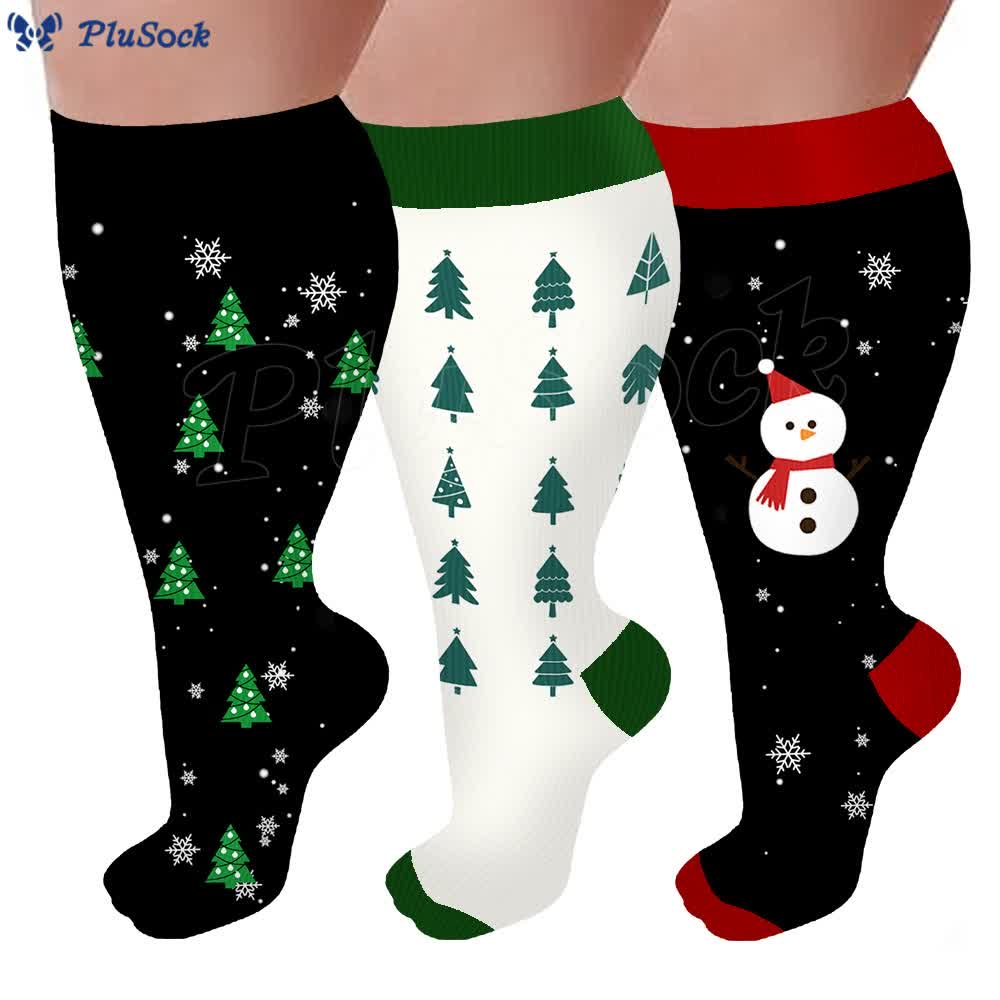 Plus Size Christmas Tree Snowman Compression Socks