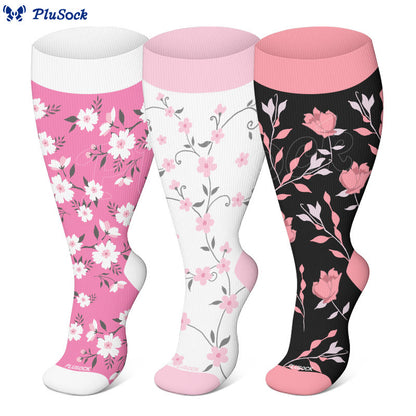 Plusock Plus Size Pink Flowers Compression Socks - image 0