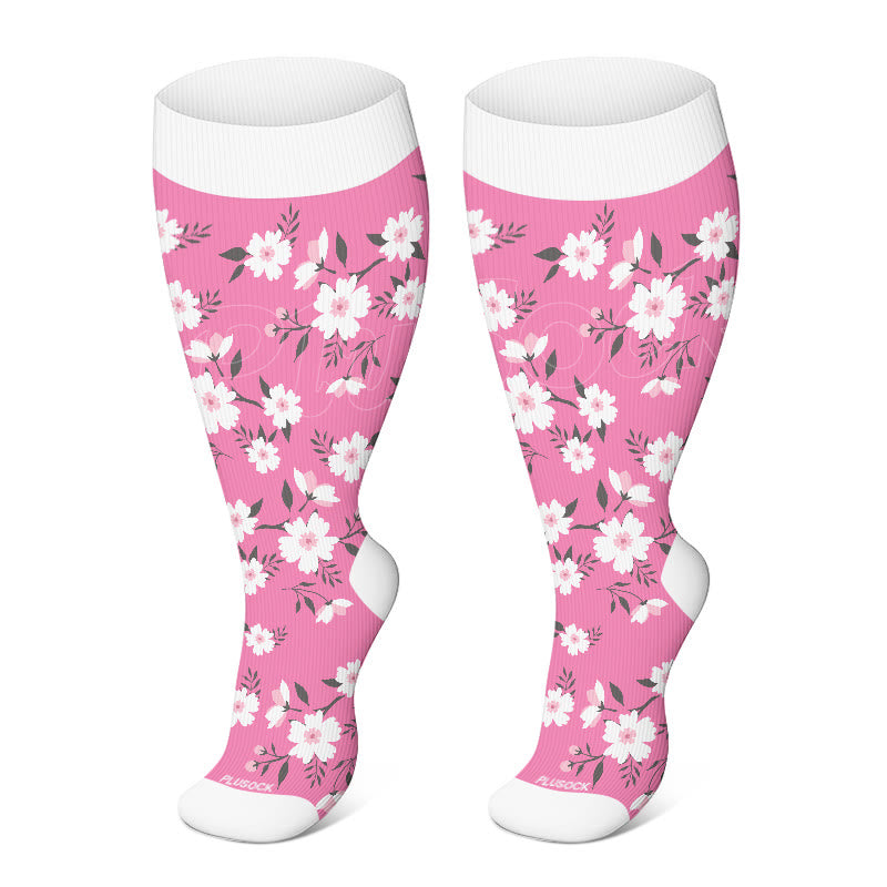 Plusock Plus Size Pink Flowers Compression Socks - Pink - 4XL - image 3
