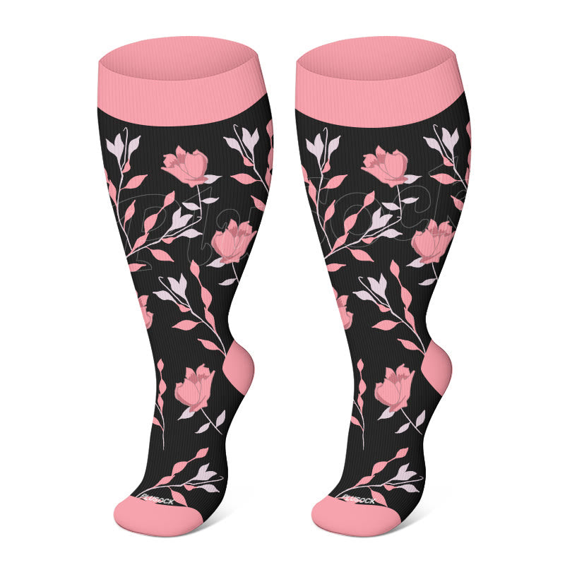 Plusock Plus Size Pink Flowers Compression Socks - Black - 4XL - image 2