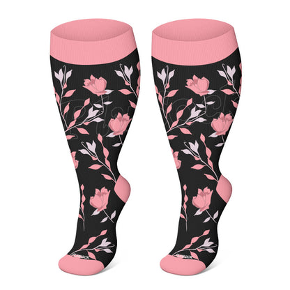 Plusock Plus Size Pink Flowers Compression Socks - Black - 4XL - image 2