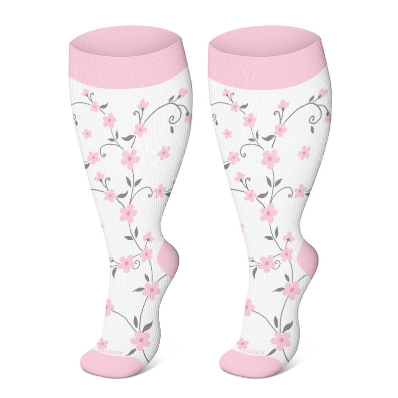 Plusock Plus Size Pink Flowers Compression Socks - White - 4XL - image 1
