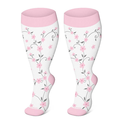 Plusock Plus Size Pink Flowers Compression Socks - White - 4XL - image 1