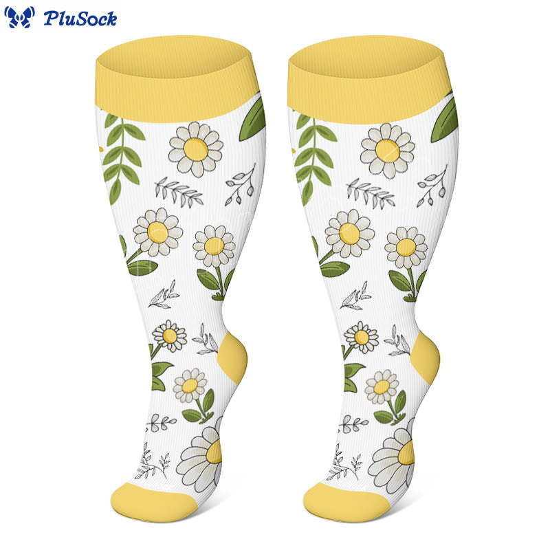 Plusock Plus Size Yellow Purple Flower Compression Socks - Yellow - 4XL - image 0
