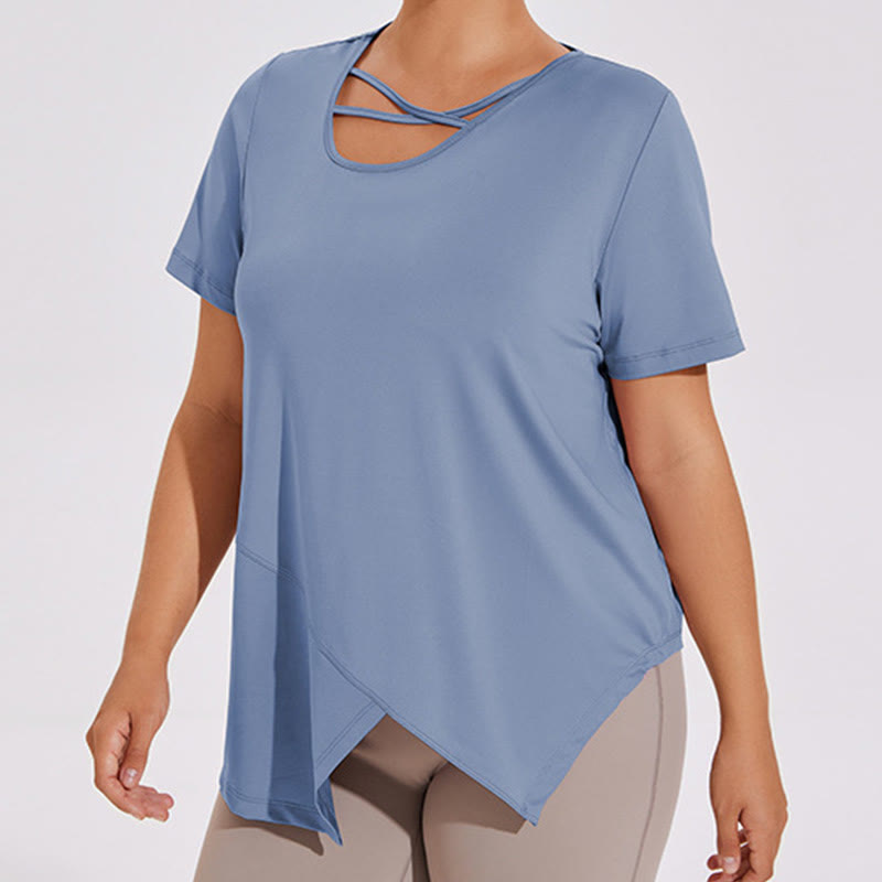 Plusock Plus Size Breathable Asymmetric Short sleeve Yoga Shirt - Blue - 4XL - image 0