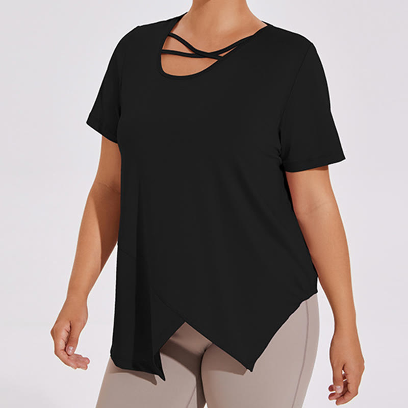 Plusock Plus Size Breathable Asymmetric Short sleeve Yoga Shirt - Black - 4XL - image 2