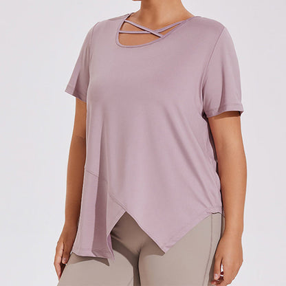 Plusock Plus Size Breathable Asymmetric Short sleeve Yoga Shirt - Purple - 4XL - image 1