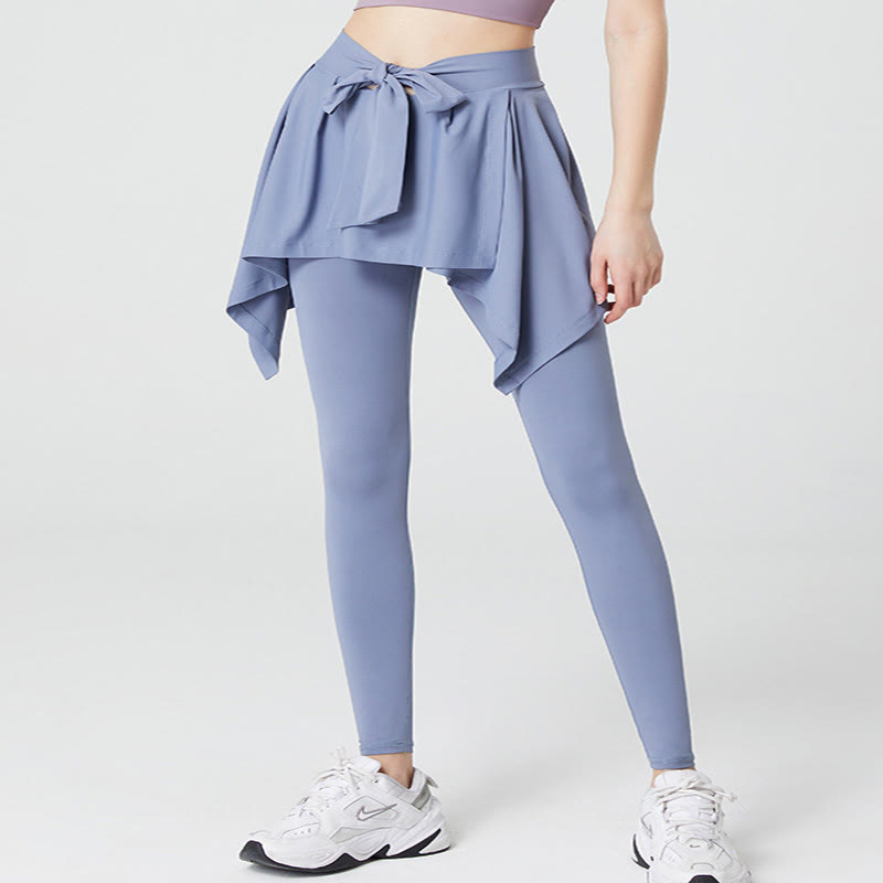 Plusock Plus Size 2 in 1 Workout Tie Waist Skirted Yoga Pants - Blue - 5XL - image 1