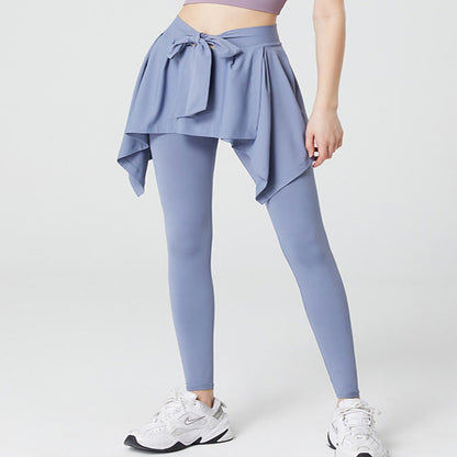 Plusock Plus Size 2 in 1 Workout Tie Waist Skirted Yoga Pants - Blue - 5XL - image 1