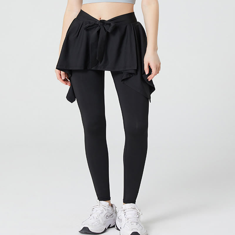 Plusock Plus Size 2 in 1 Workout Tie Waist Skirted Yoga Pants - Black - 5XL - image 3